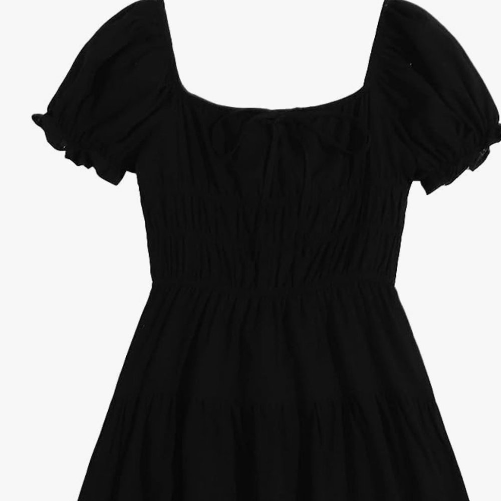 Classic Black Mini A Line Dress || Ruffle Tie Front